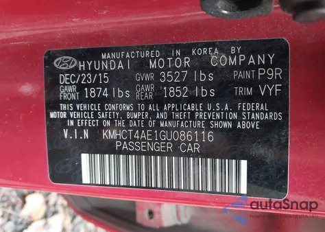 2016 Hyundai Accent Se from USA, damaged, VIN KMHCT4AE1GU086116